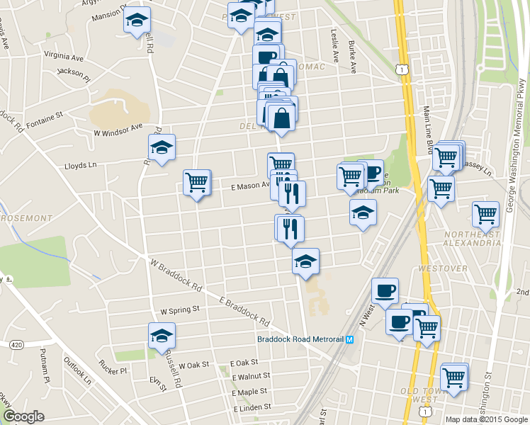 map of restaurants, bars, coffee shops, grocery stores, and more near in Alexandria