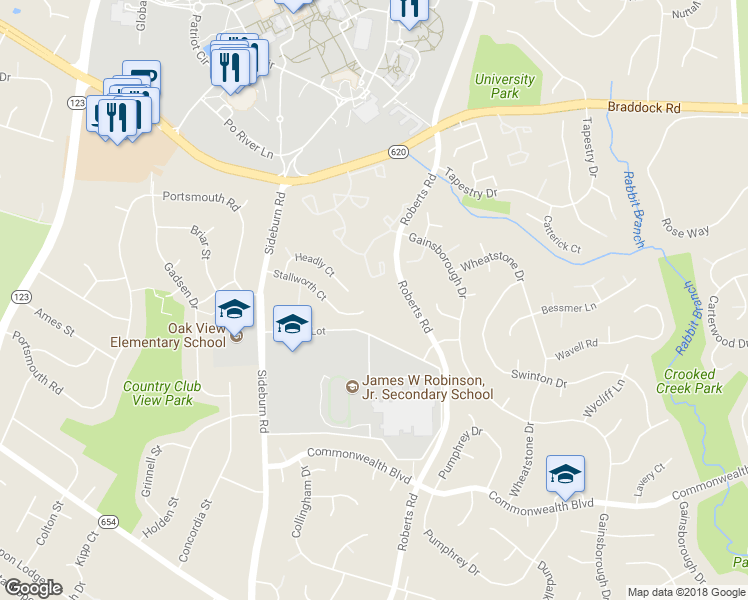 map of restaurants, bars, coffee shops, grocery stores, and more near 10403 Stallworth Court in Fairfax