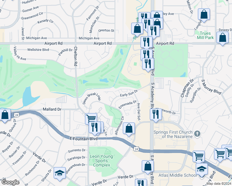map of restaurants, bars, coffee shops, grocery stores, and more near 3489 Atlantic Drive in Colorado Springs