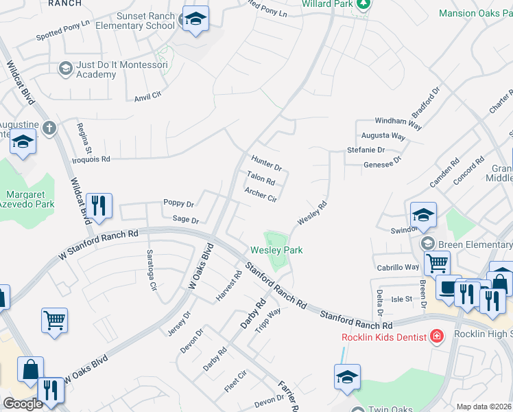 map of restaurants, bars, coffee shops, grocery stores, and more near 5315 Ridge Gate Court in Rocklin