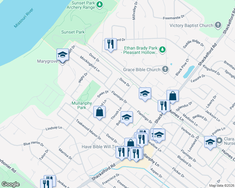 map of restaurants, bars, coffee shops, grocery stores, and more near 2325 Flamingo Drive in Florissant