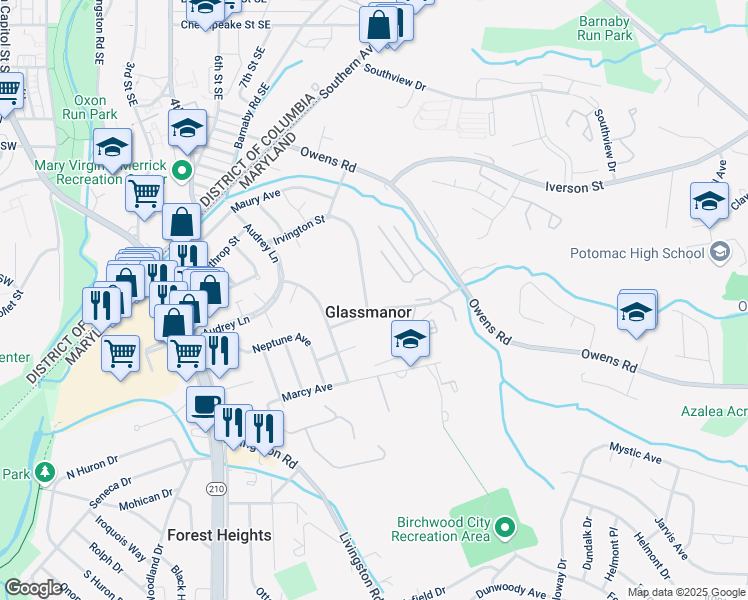 map of restaurants, bars, coffee shops, grocery stores, and more near 5118 Glassmanor Drive in Oxon Hill-Glassmanor