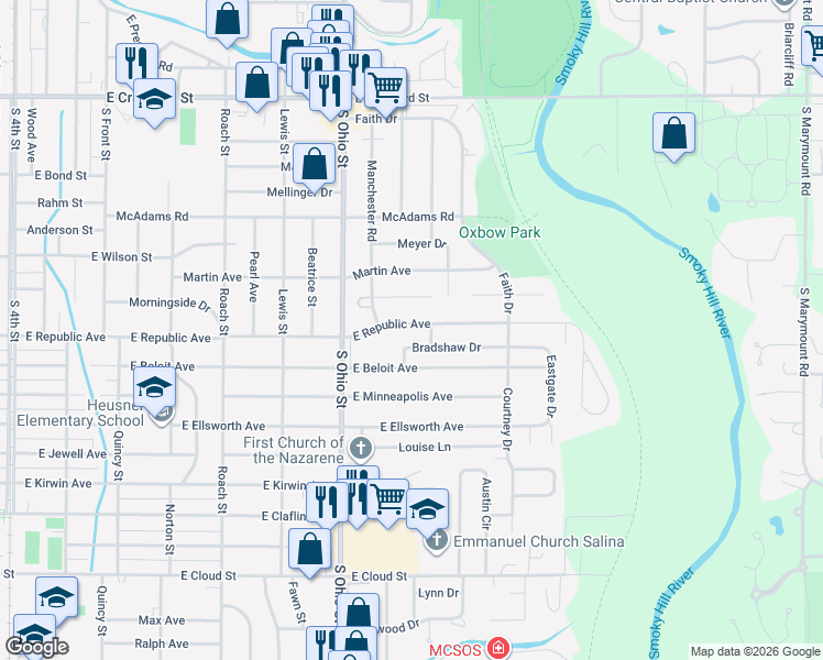 map of restaurants, bars, coffee shops, grocery stores, and more near 1220 East Republic Avenue in Salina