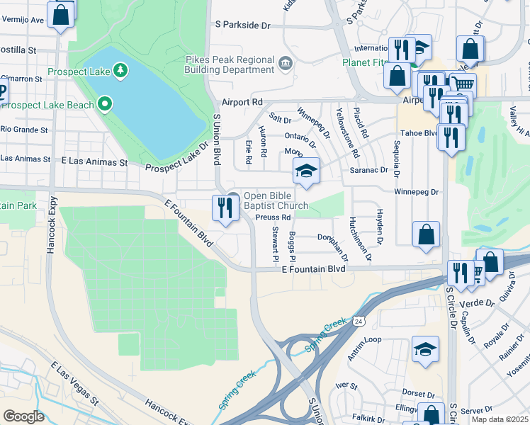 map of restaurants, bars, coffee shops, grocery stores, and more near 1918 Preuss Road in Colorado Springs