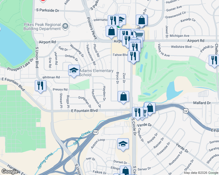 map of restaurants, bars, coffee shops, grocery stores, and more near 818 Sequoia Drive in Colorado Springs