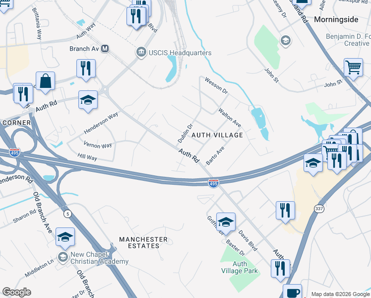 map of restaurants, bars, coffee shops, grocery stores, and more near 5904 Auth Road in Camp Springs