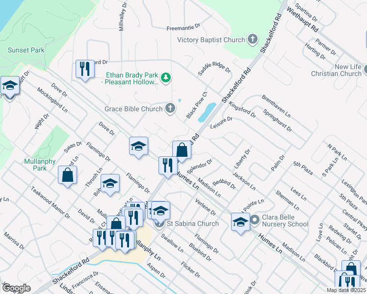 map of restaurants, bars, coffee shops, grocery stores, and more near 1805 New Sun Court in Florissant