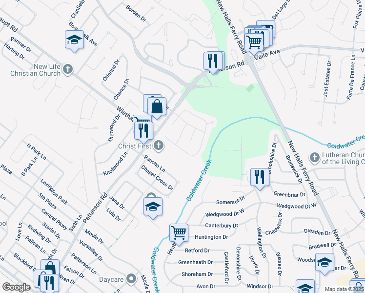 map of restaurants, bars, coffee shops, grocery stores, and more near 3064 Willow Creek Estate Drive in Florissant