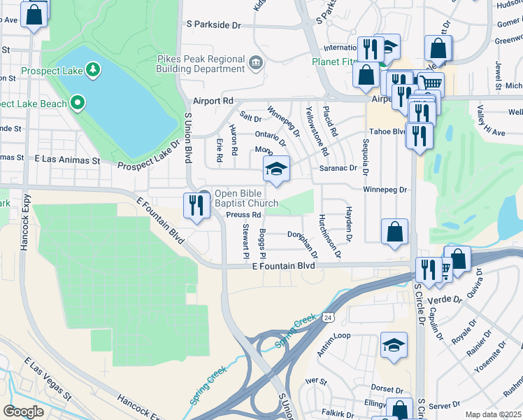 map of restaurants, bars, coffee shops, grocery stores, and more near 2014 Preuss Road in Colorado Springs