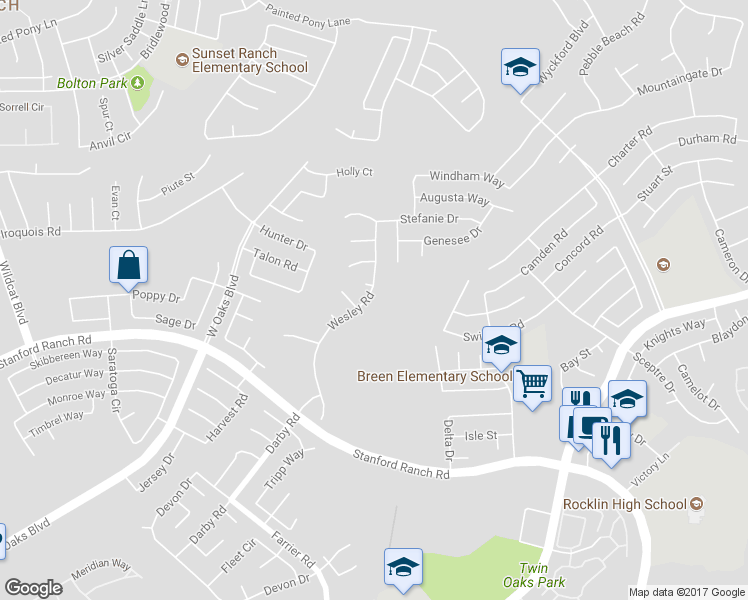 map of restaurants, bars, coffee shops, grocery stores, and more near 5333 Wesley Road in Rocklin