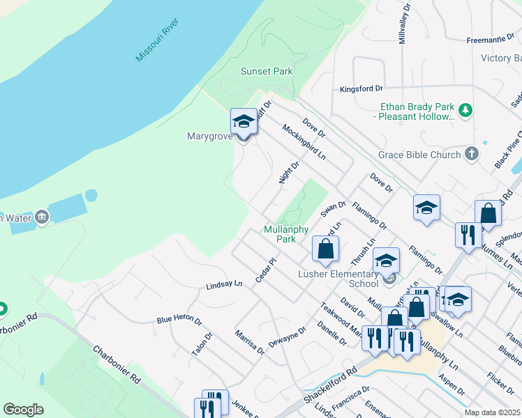 map of restaurants, bars, coffee shops, grocery stores, and more near 2575 Mullanphy Road in Florissant