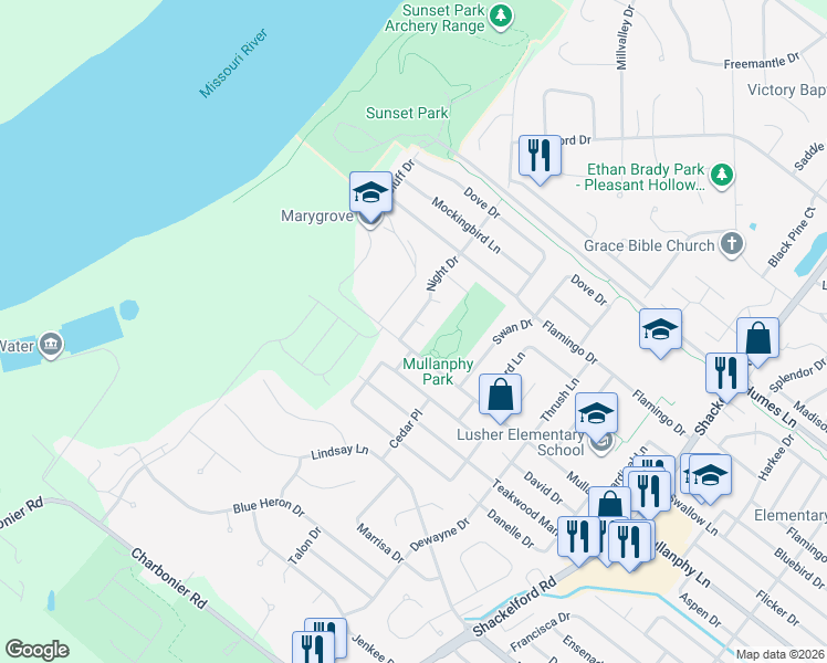 map of restaurants, bars, coffee shops, grocery stores, and more near 1220 Night Drive in Florissant