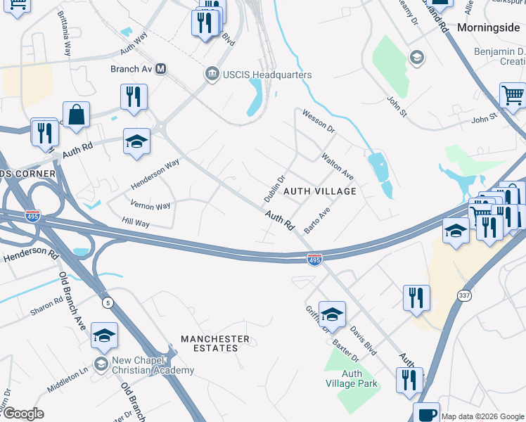 map of restaurants, bars, coffee shops, grocery stores, and more near Auth Road in Camp Springs
