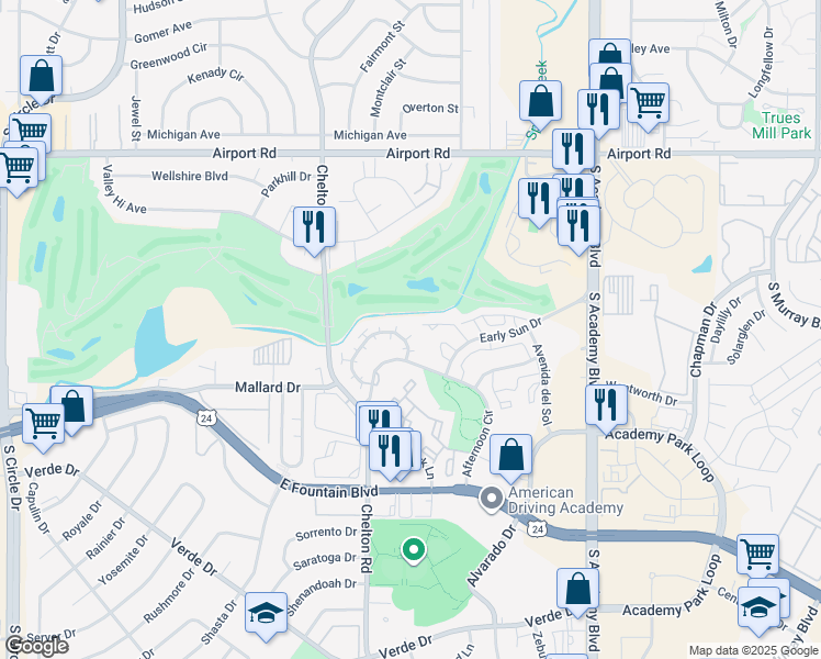 map of restaurants, bars, coffee shops, grocery stores, and more near 820 Spinner Court in Colorado Springs