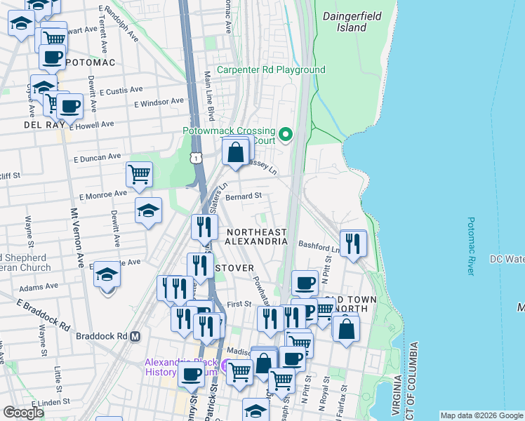 map of restaurants, bars, coffee shops, grocery stores, and more near 811 Chetworth Place in Alexandria