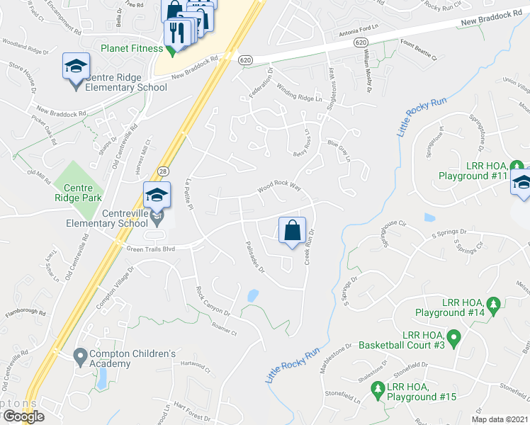map of restaurants, bars, coffee shops, grocery stores, and more near 6412 Virginia Pine Court in Centreville