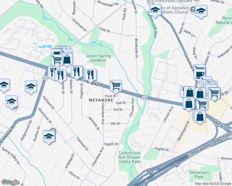 map of restaurants, bars, coffee shops, grocery stores, and more near 6447 Virginia 236 in Lincolnia