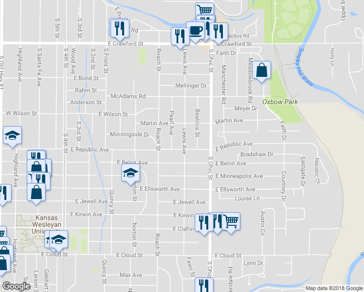 map of restaurants, bars, coffee shops, grocery stores, and more near 843 East Republic Avenue in Salina