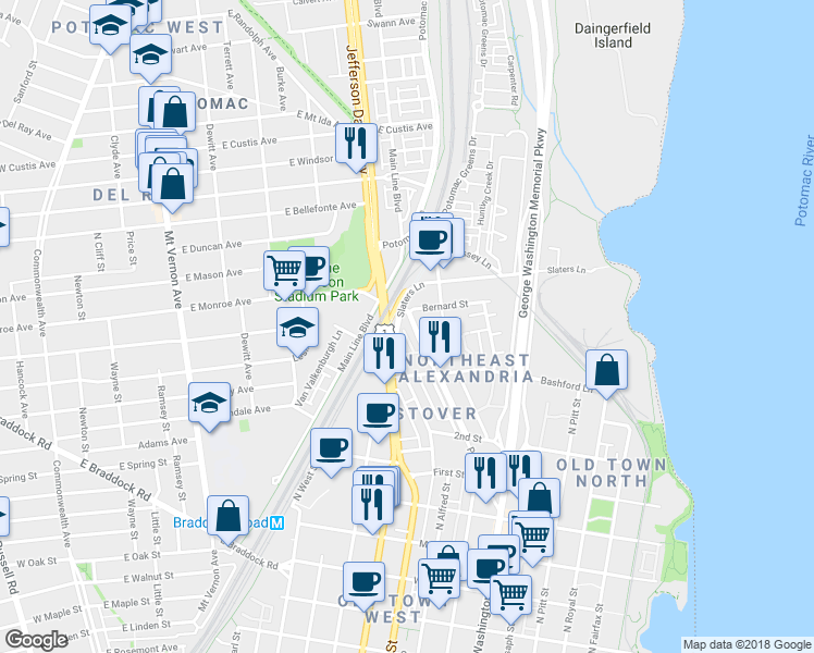map of restaurants, bars, coffee shops, grocery stores, and more near 1411 Argall Place in Alexandria