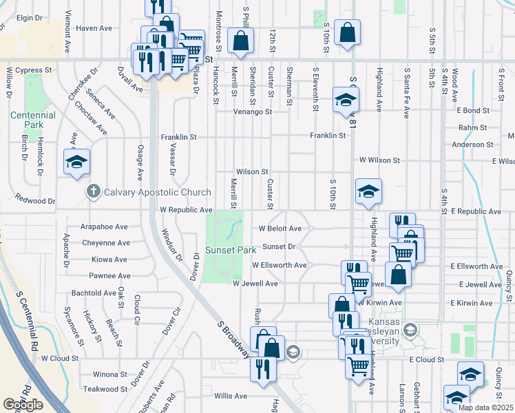 map of restaurants, bars, coffee shops, grocery stores, and more near 947 Sheridan Street in Salina