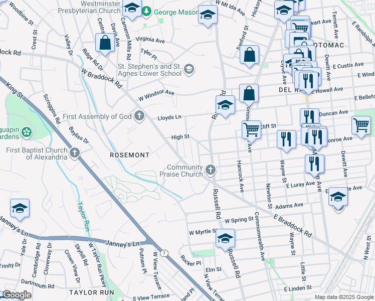 map of restaurants, bars, coffee shops, grocery stores, and more near 1606 Orchard Street in Alexandria