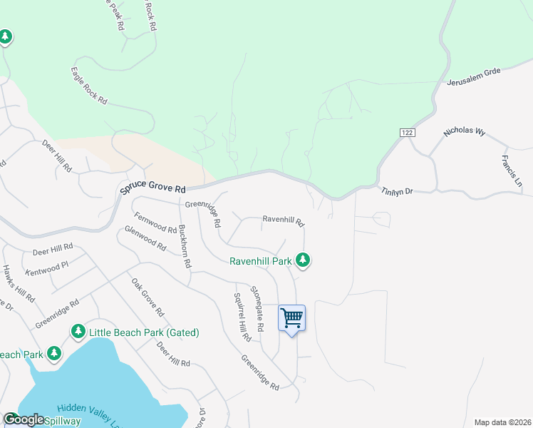 map of restaurants, bars, coffee shops, grocery stores, and more near 19094 Ravenhill Road in Hidden Valley Lake