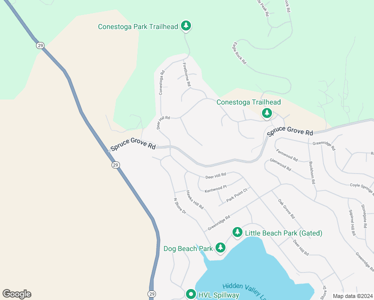 map of restaurants, bars, coffee shops, grocery stores, and more near 16789 Spruce Grove Road in Hidden Valley Lake