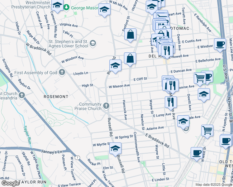 map of restaurants, bars, coffee shops, grocery stores, and more near 109 W Monroe Ave in Alexandria