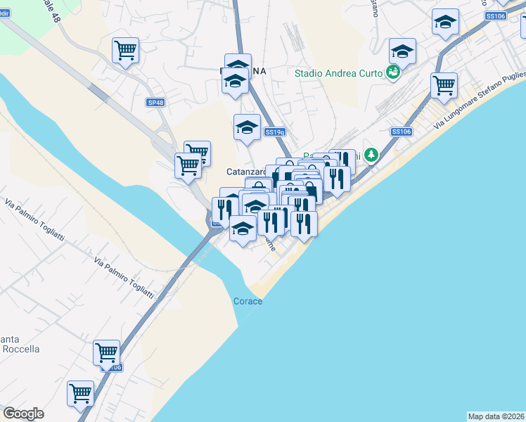 map of restaurants, bars, coffee shops, grocery stores, and more near in Catanzaro Lido