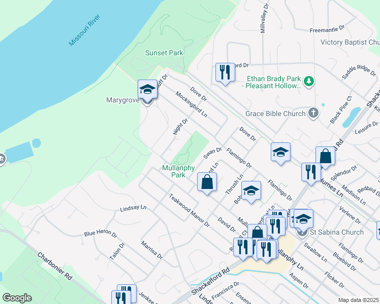 map of restaurants, bars, coffee shops, grocery stores, and more near 2501 Mullanphy Road in Florissant