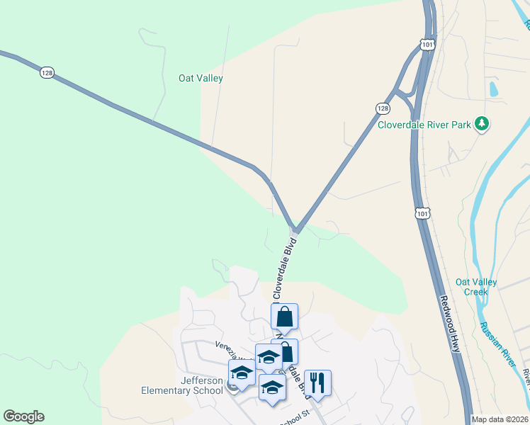map of restaurants, bars, coffee shops, grocery stores, and more near 31211 California 128 in Cloverdale