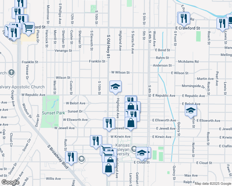 map of restaurants, bars, coffee shops, grocery stores, and more near 969-975 Highland Avenue in Salina