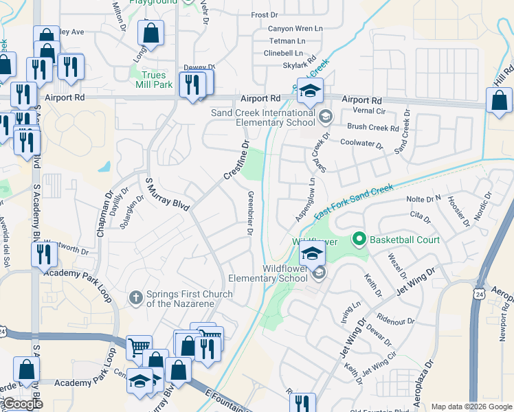 map of restaurants, bars, coffee shops, grocery stores, and more near 945 Greenbrier Drive in Colorado Springs