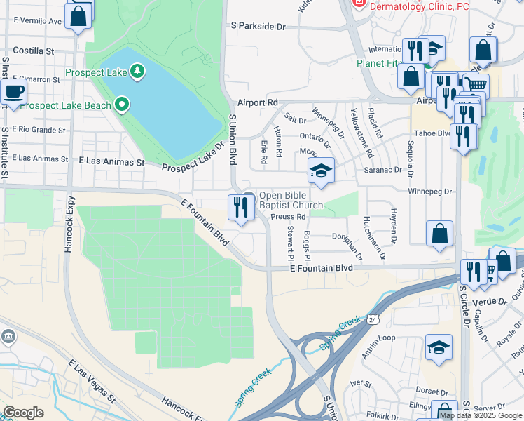 map of restaurants, bars, coffee shops, grocery stores, and more near 824 South Union Boulevard in Colorado Springs