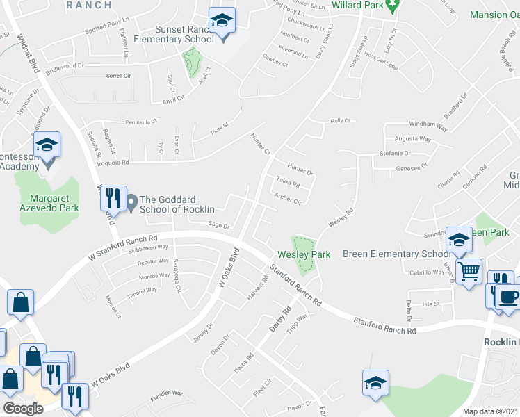 map of restaurants, bars, coffee shops, grocery stores, and more near 5500 New Vista Drive in Rocklin