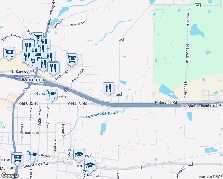 map of restaurants, bars, coffee shops, grocery stores, and more near 65 State Highway AA in Wright City