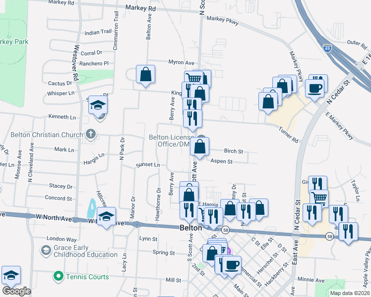 map of restaurants, bars, coffee shops, grocery stores, and more near 306 Hawthorne Court in Belton