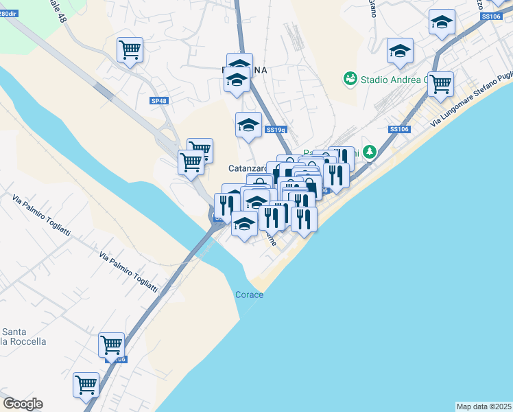 map of restaurants, bars, coffee shops, grocery stores, and more near 2 Via Corace in Catanzaro