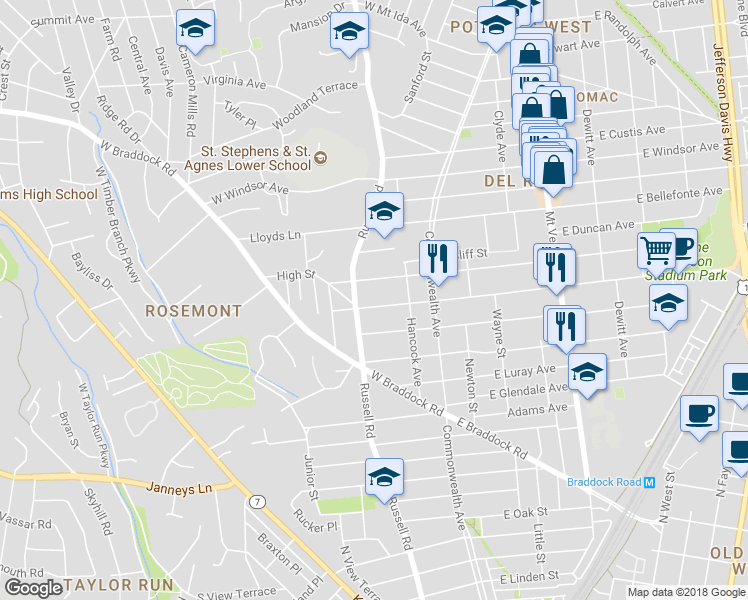 map of restaurants, bars, coffee shops, grocery stores, and more near 117 West Monroe Avenue in Alexandria