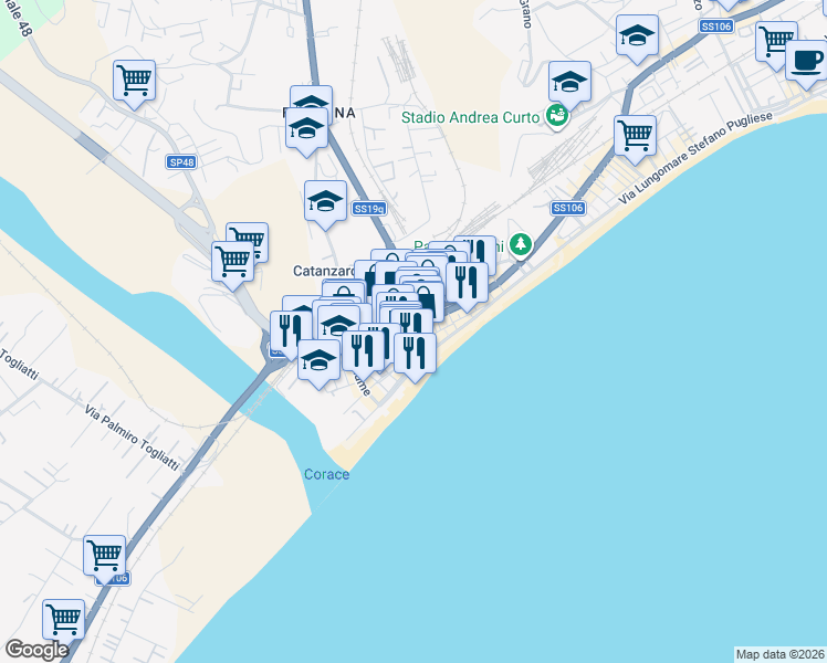 map of restaurants, bars, coffee shops, grocery stores, and more near 22 Piazza Anita Garibaldi in Catanzaro