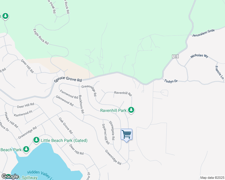 map of restaurants, bars, coffee shops, grocery stores, and more near 19070 Ravenhill Road in Hidden Valley Lake