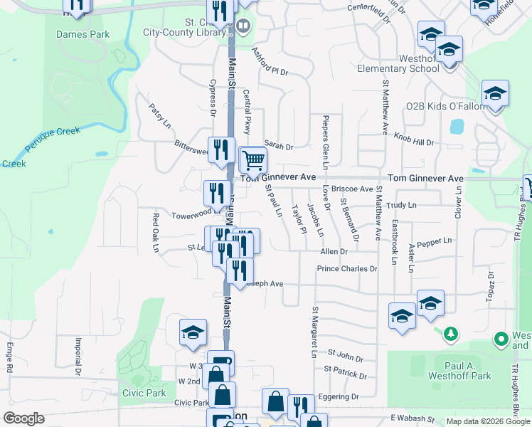 map of restaurants, bars, coffee shops, grocery stores, and more near 143 East Towerwood Drive in O'Fallon