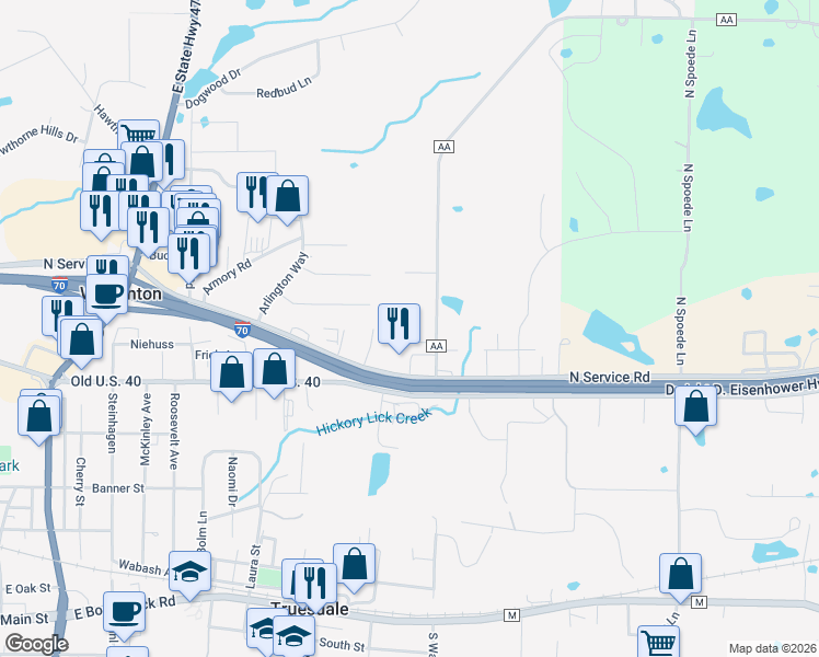 map of restaurants, bars, coffee shops, grocery stores, and more near 65 State Highway AA in Wright City
