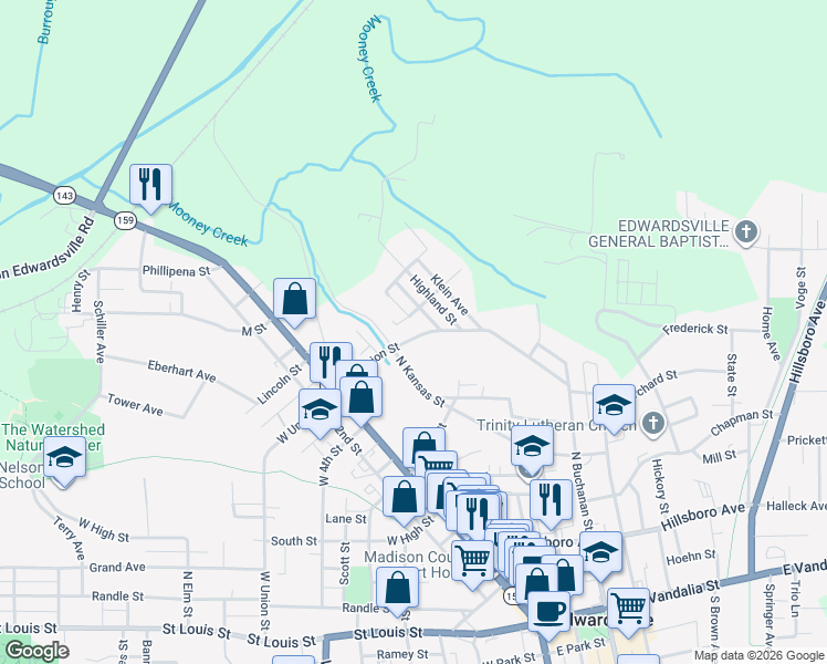 map of restaurants, bars, coffee shops, grocery stores, and more near 211 East Union Street in Edwardsville