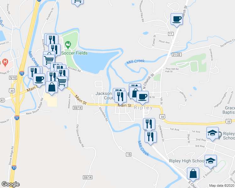 map of restaurants, bars, coffee shops, grocery stores, and more near 315 North St W in Ripley