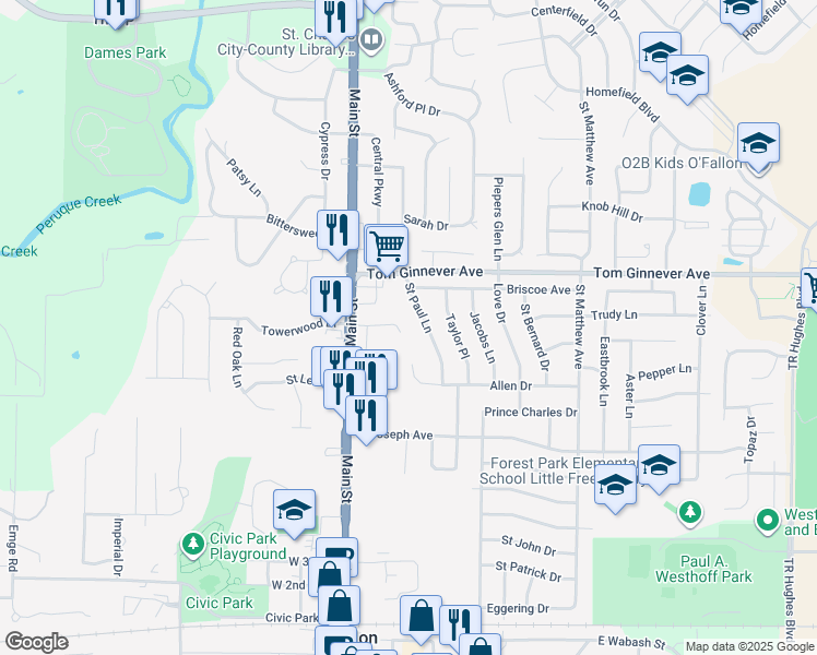 map of restaurants, bars, coffee shops, grocery stores, and more near 143 East Towerwood Drive in O'Fallon