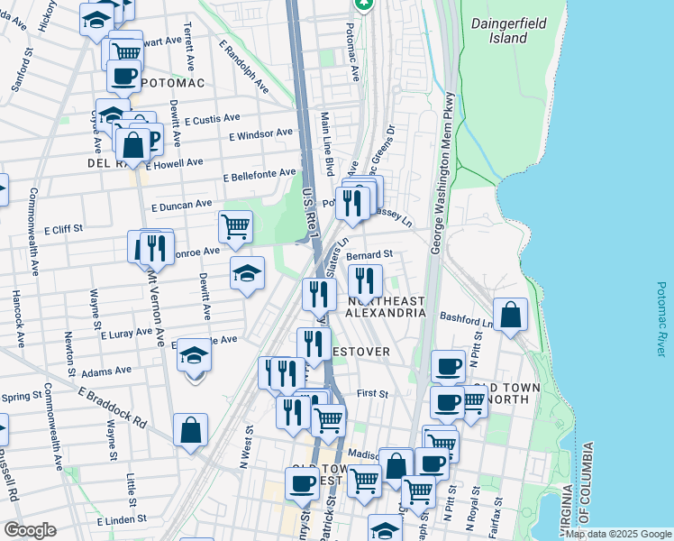 map of restaurants, bars, coffee shops, grocery stores, and more near 1413 Argall Place in Alexandria