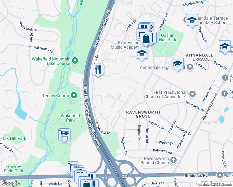 map of restaurants, bars, coffee shops, grocery stores, and more near 4949 Americana Drive in Annandale