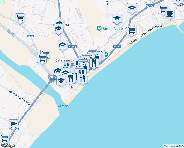map of restaurants, bars, coffee shops, grocery stores, and more near Via Lungomare in Catanzaro