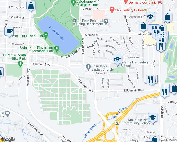 map of restaurants, bars, coffee shops, grocery stores, and more near 824 South Union Boulevard in Colorado Springs